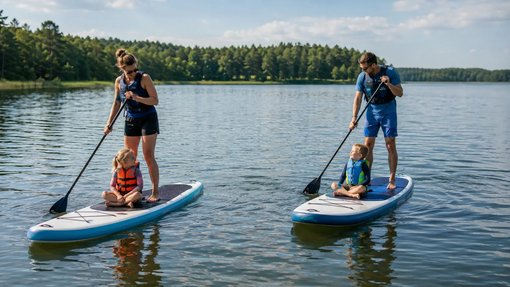 Rodzina 2+2 na dwóch deskach SUP: mama z córką i tata z synem, dzieci w kamizelkach